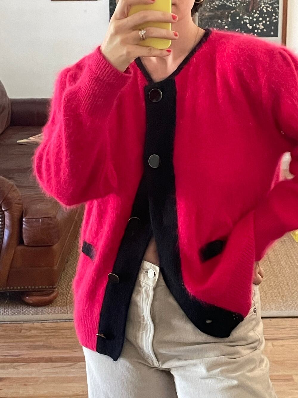 Vintage Angora Blend Hot Pink Cardigan Black Trim Size Medium
